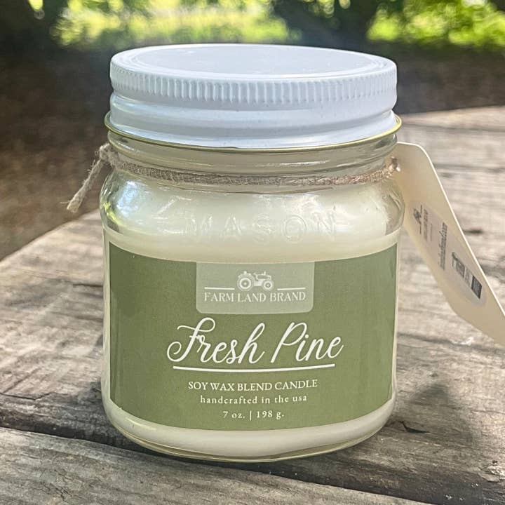 Fresh Pine Soy Wax Mason Jar Candle Scented with Sage and Pine for wholesale by Farm Land Brand