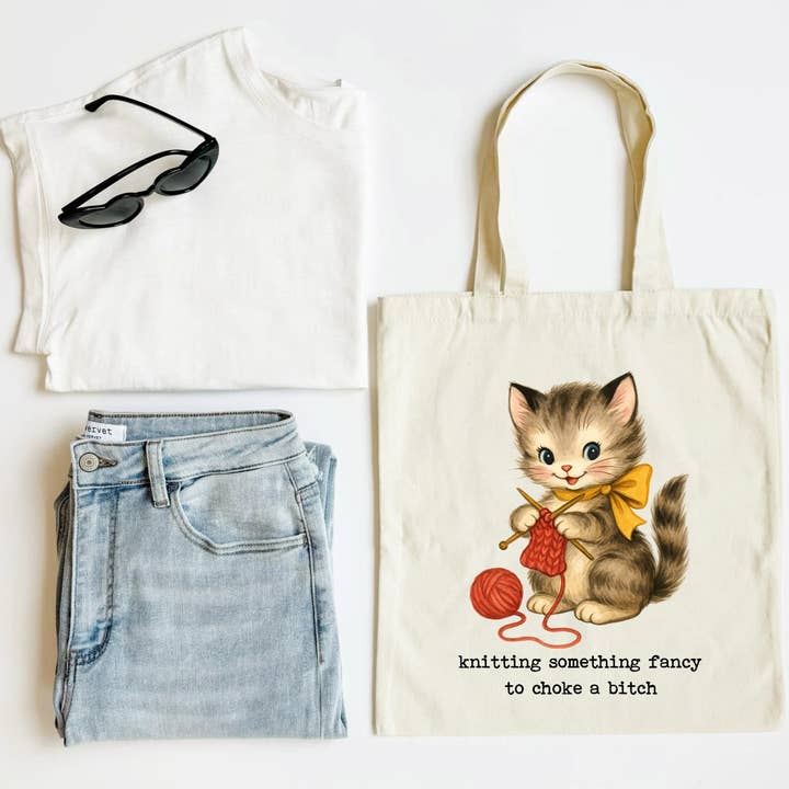 Knitting Something Fancy Funny Cat Tote Bag for Crafters for wholesale by Mugsby