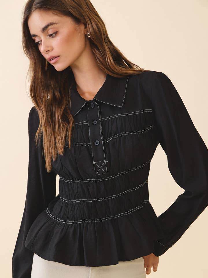 CT9695-Collared Neck Button Front Smocked Detail Blouse for wholesale by TCEC