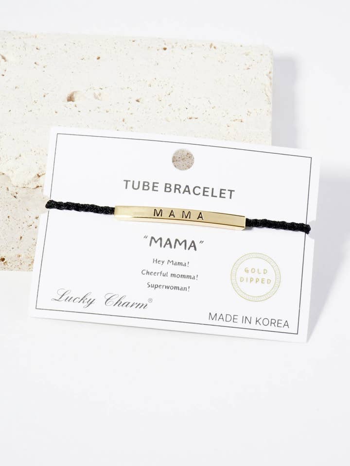 Mama Engraved 18K Gold Dipped Brass Tube Tie Bracelet for wholesale by Wild Honey