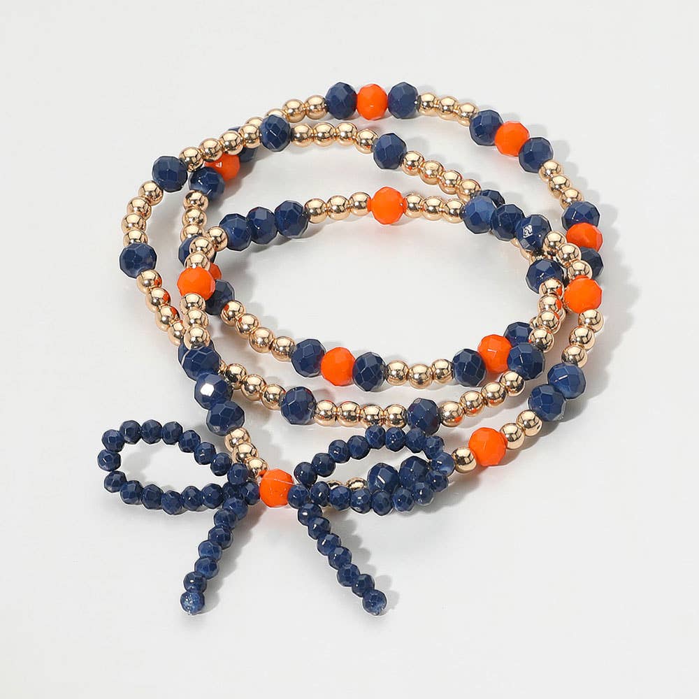 Sensibling Corp. - Wholesale Jewelry Set - 3PCS - Sports Team Theme Colored Bow Accent Faceted Beaded Stretch Multi Layered Bracelets13