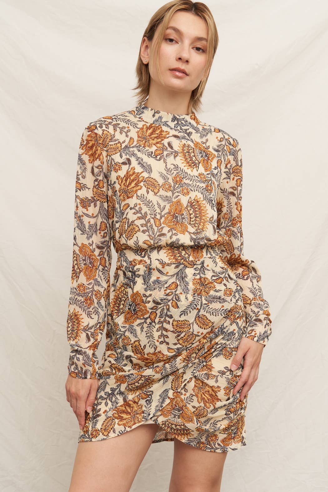 CREAM MULTICOLOR Long Sleeve Mock Neck Mini Dress for wholesale on Faire