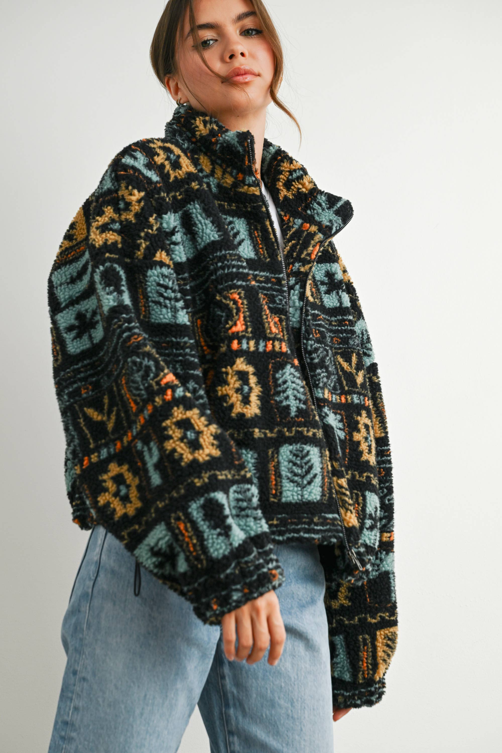 BLACK MULTI Zip-Up Polar Fleece Mock Neck Long Sleeve Jacket - BMJ7842 for wholesale on Faire6