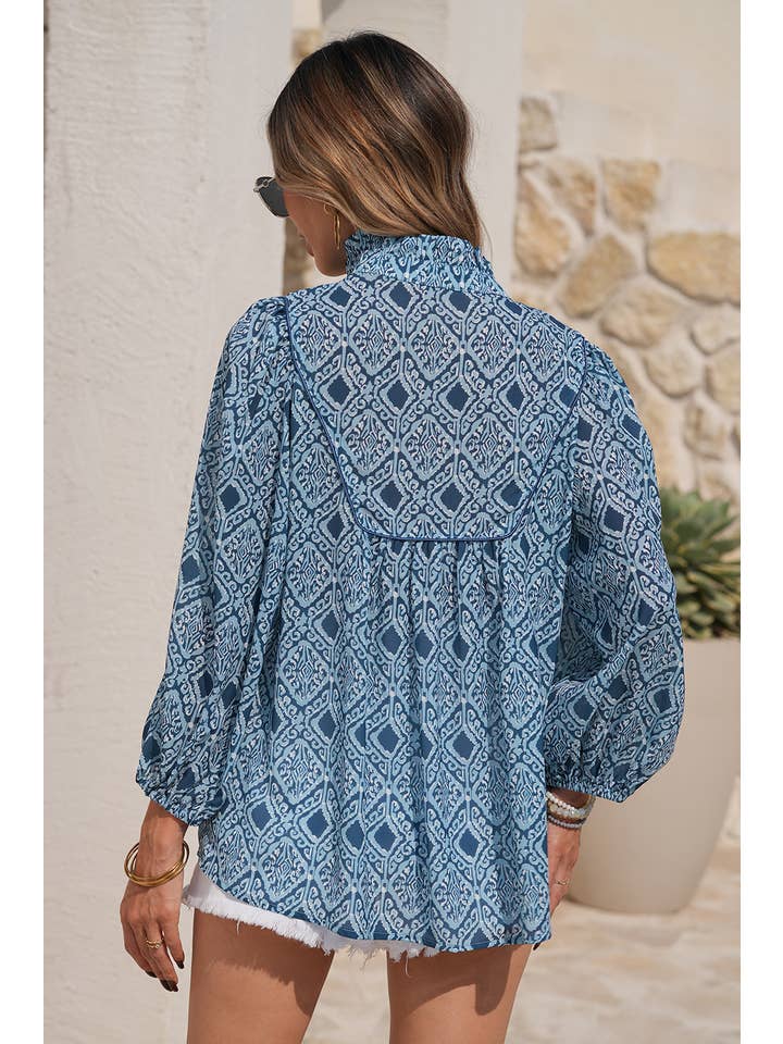 Sky Blue LDC Western Geometric Print Frilled V Neck Loose Fit Blouse for wholesale on Faire