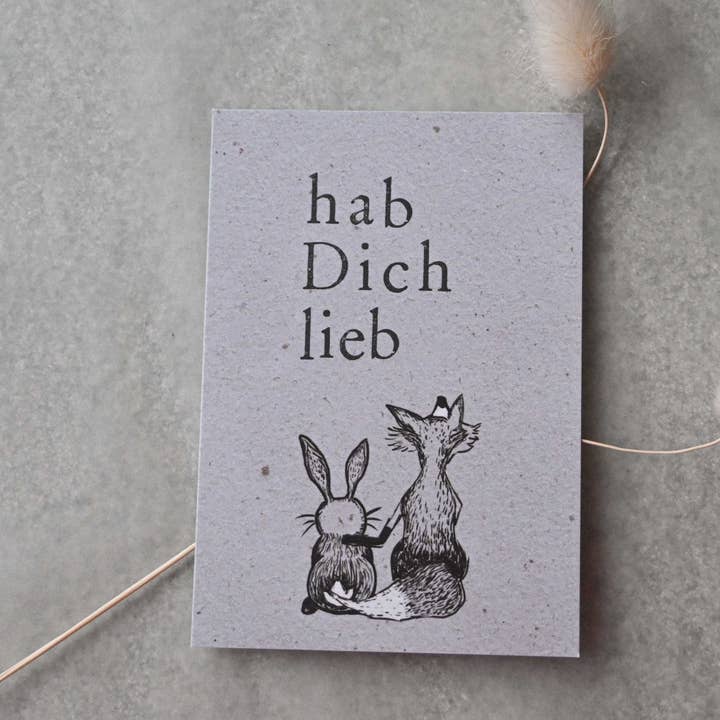 Small card "Love you" with illustration of fox + hare for wholesale by SAJA Design Atelier