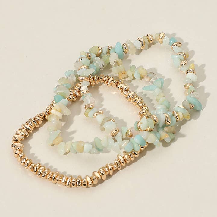 Sensibling Corp. - Wholesale Jewelry Set - 3PCS Natural Stone Metal Bead Stretch Multi Layered Bracelet