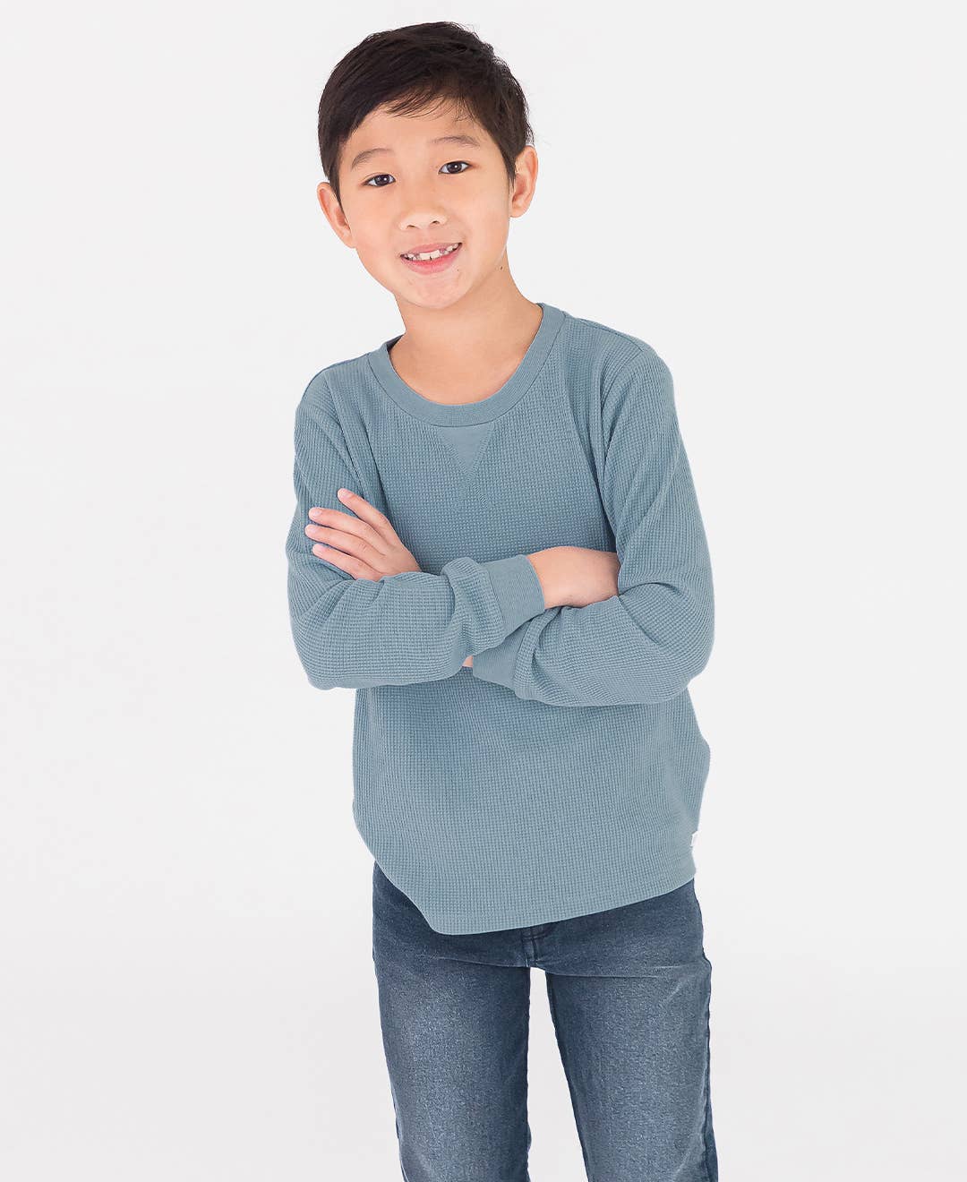Blue Boys Slate Waffle Knit Long Sleeve Crew Neck Shirt for wholesale on Faire0