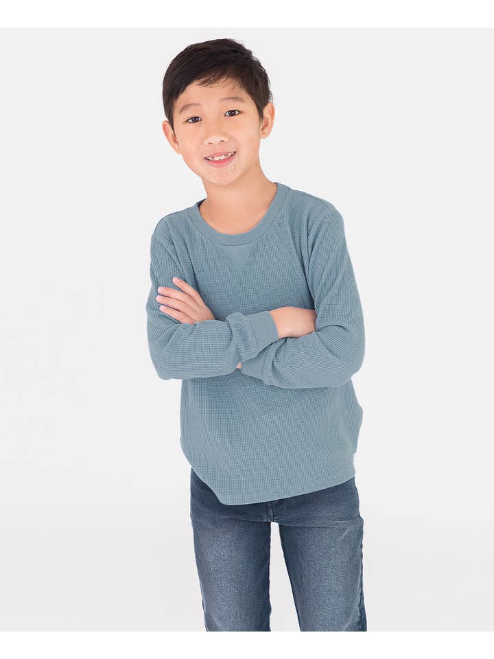 bleu T-shirt à manches longues en tricot gaufré ardoise pour garçons en vente sur Faire