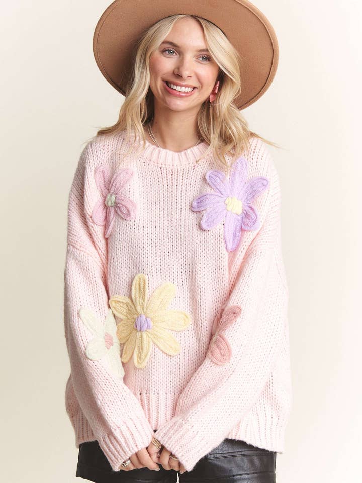 Madelyn - Wholesale Knit Sweater - Women's - LESW3734-DROP SHOULDER FLORAL SWEATER TOP9