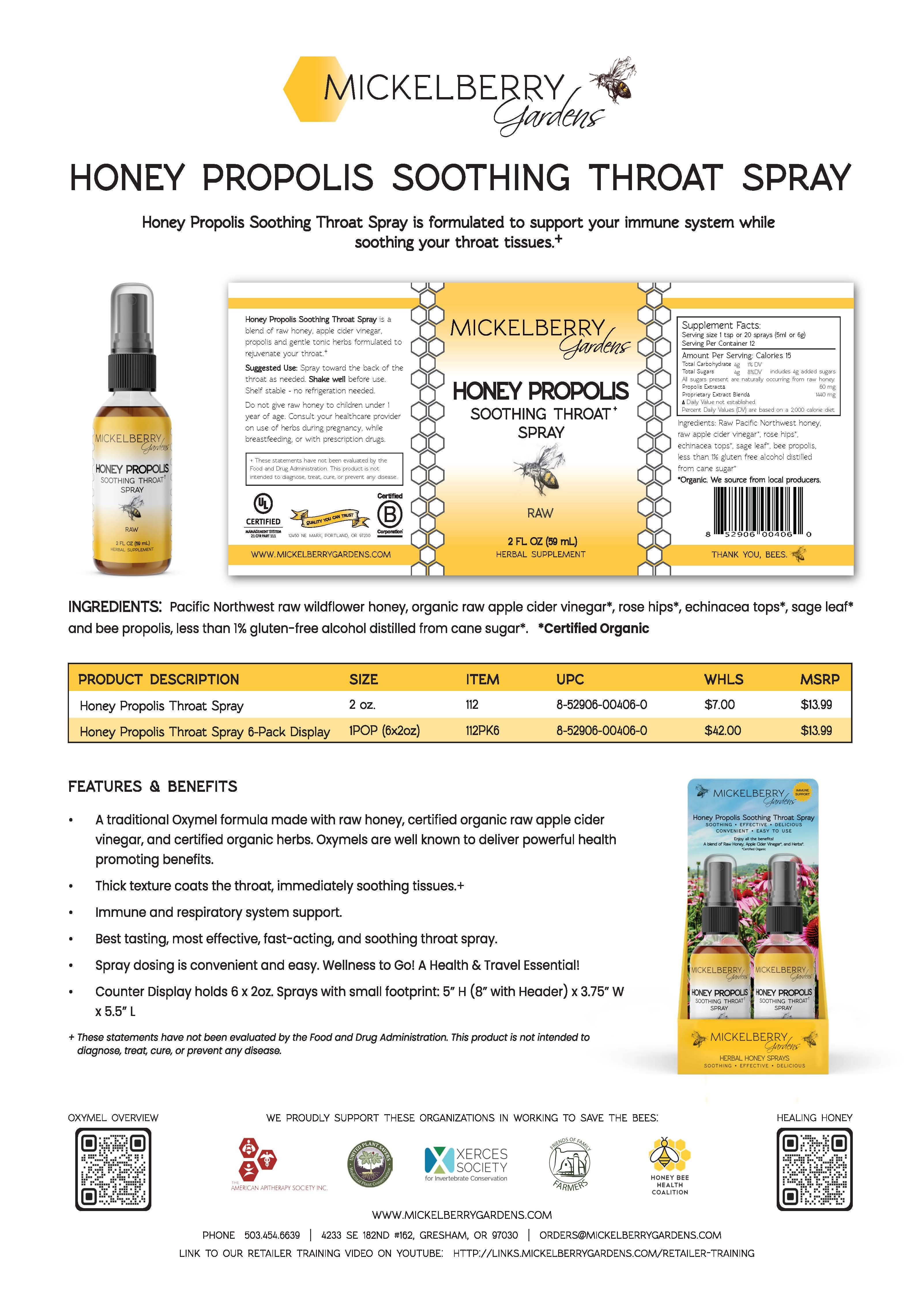 Mickelberry Gardens - Wholesale Throat Spray - Honey Propolis Throat Spray — fast acting immune support6