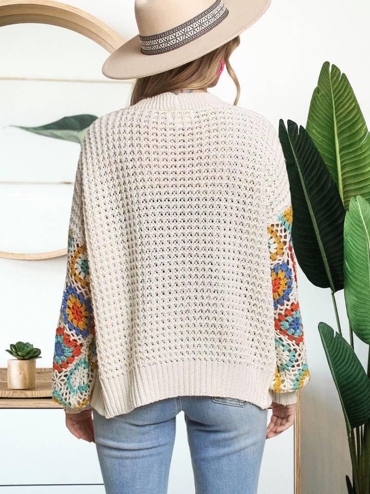 Madelyn - Wholesale Cardigan - Women's - LESW3577- MULTI COLOR SLEEVE CROCHET CARDIGAN