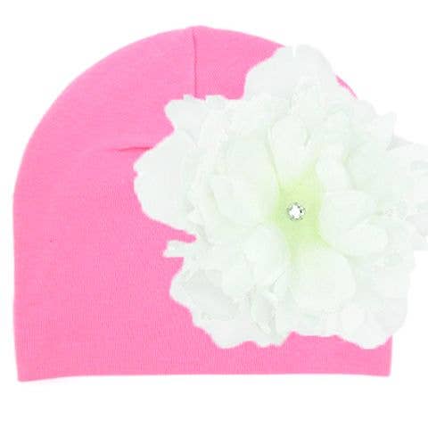 Jamie Rae Hats - Wholesale Newborn/Knit Hat - Baby - Candy Pink Cotton Hat with Peony2