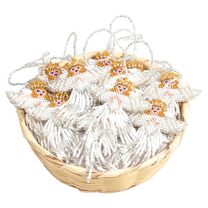 Bamboo Trading Company - Wholesale Ornament - Beaded Angel Ornament in Basket