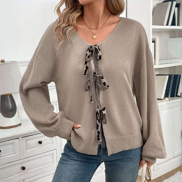 Apricot Lace-Up Bow Love Leopard Print Panelled Knitted Cardigan for wholesale on Faire