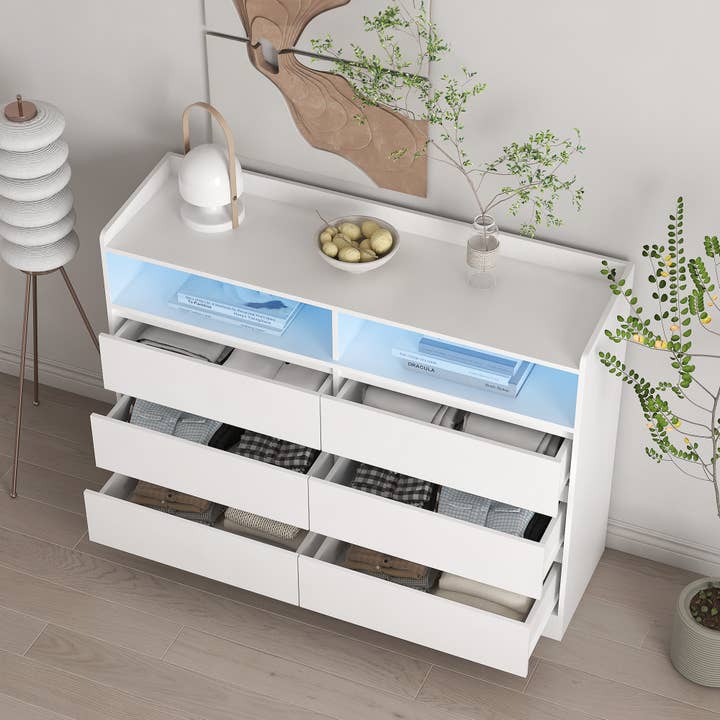 39F Inc. - Wholesale Cabinet - 6-Drawer Dresser with LED Lights, White/Black, Modern Design7