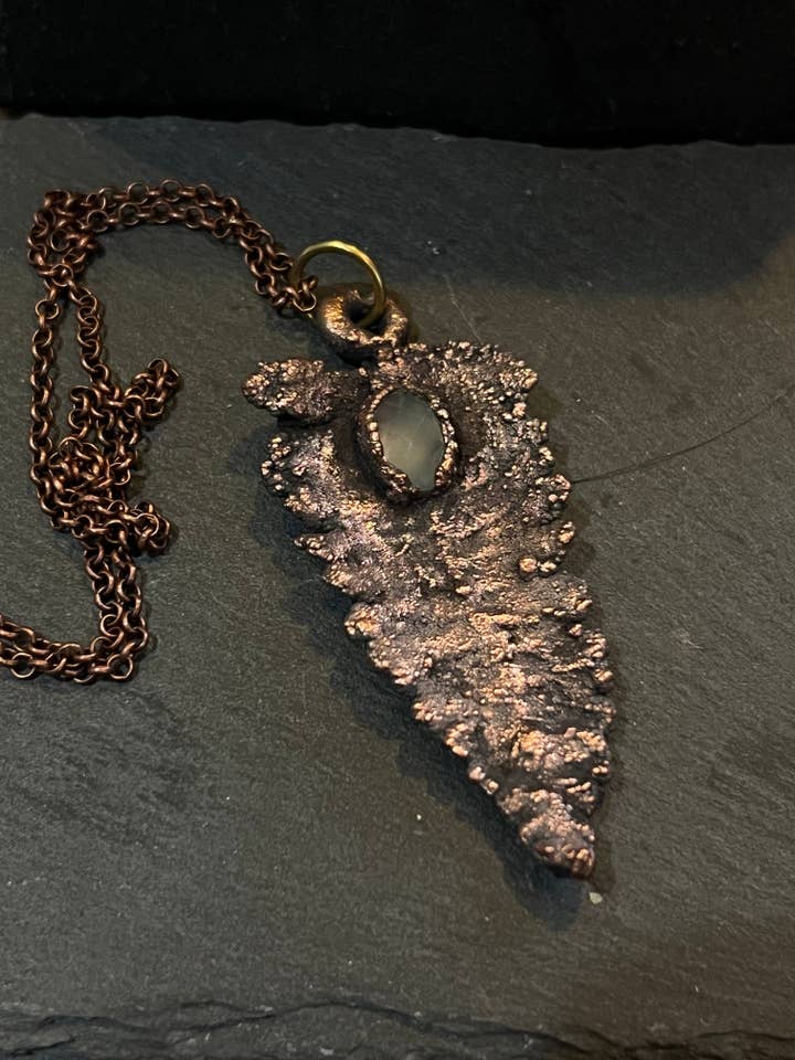 Copper electroformed fern necklace with chalcedony stone for wholesale by Bare Bones Jewelry London