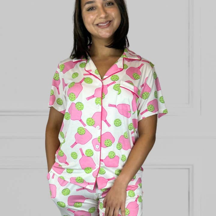 Bamboo Pickleball Pajama Long Set with Short Sleeve Top and Cropped Pants for wholesale by Willie J’s: The Easy PJ’s