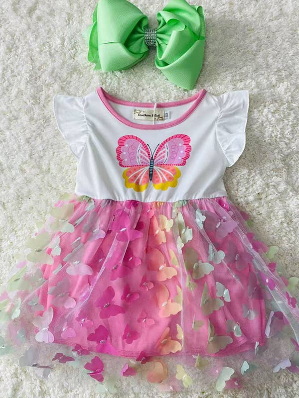 Butterfly printed & emboridery mesh girls dress for wholesale by luluclothes