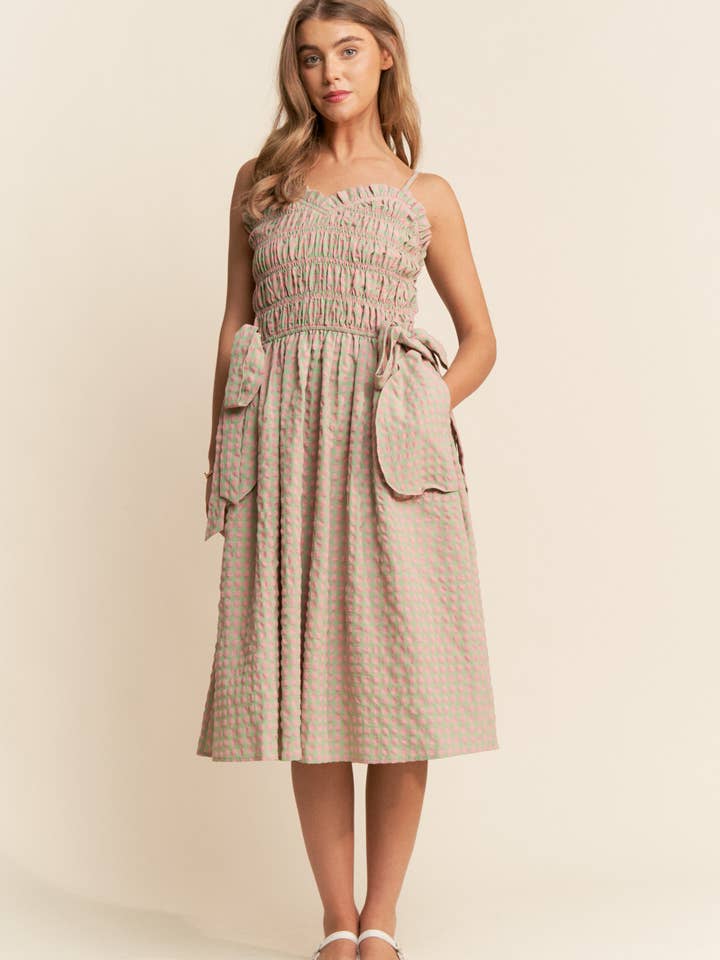 Watermelon Checkered Smocked Ribbon Midi Dress S-L for wholesale on Faire