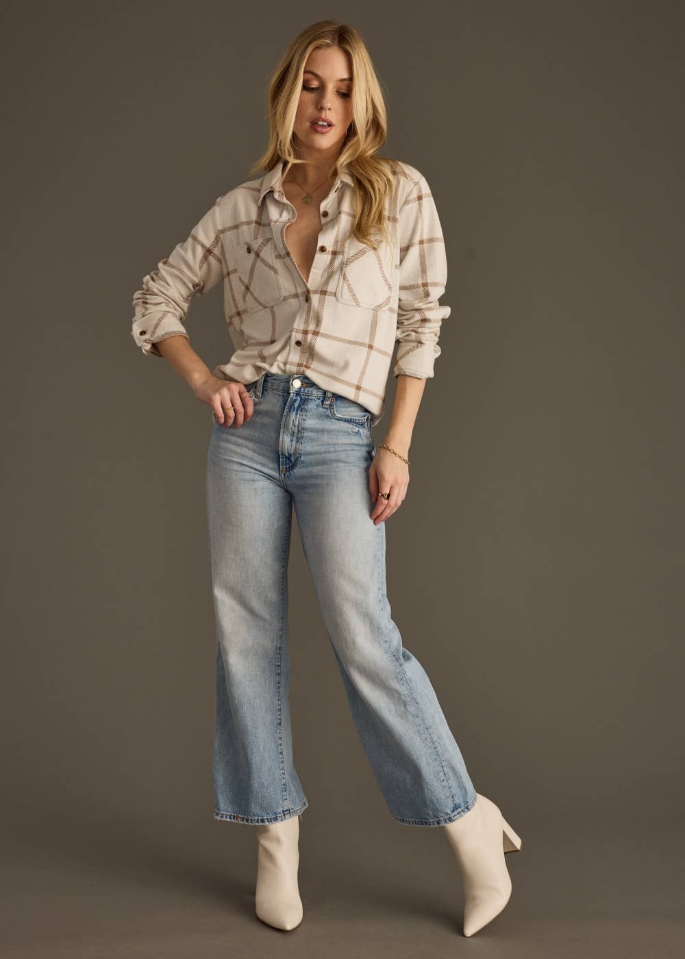 Panache Apparel Co. - Wholesale Button Down Shirt - Women's - Beige & Brown Plaid Button Up4