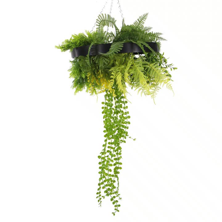 Designer Plants - Wholesale Artificial Plant - Black Framed Roof Hanging Disc With Draping Faux Plants 15.5"