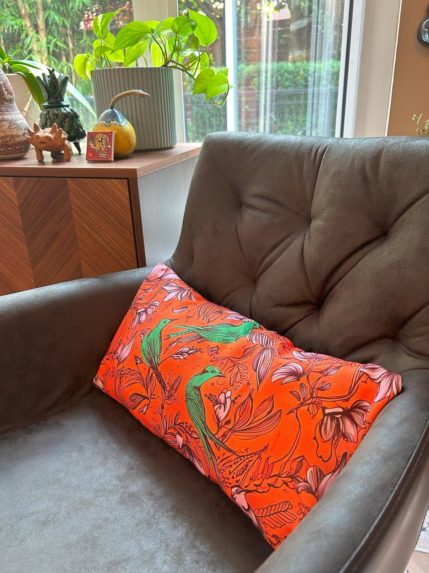 La Escaramuza – wholesale Lumbar pillow – Eclectic Lumbar Pillow: Bird & Floral 17 by 8"1