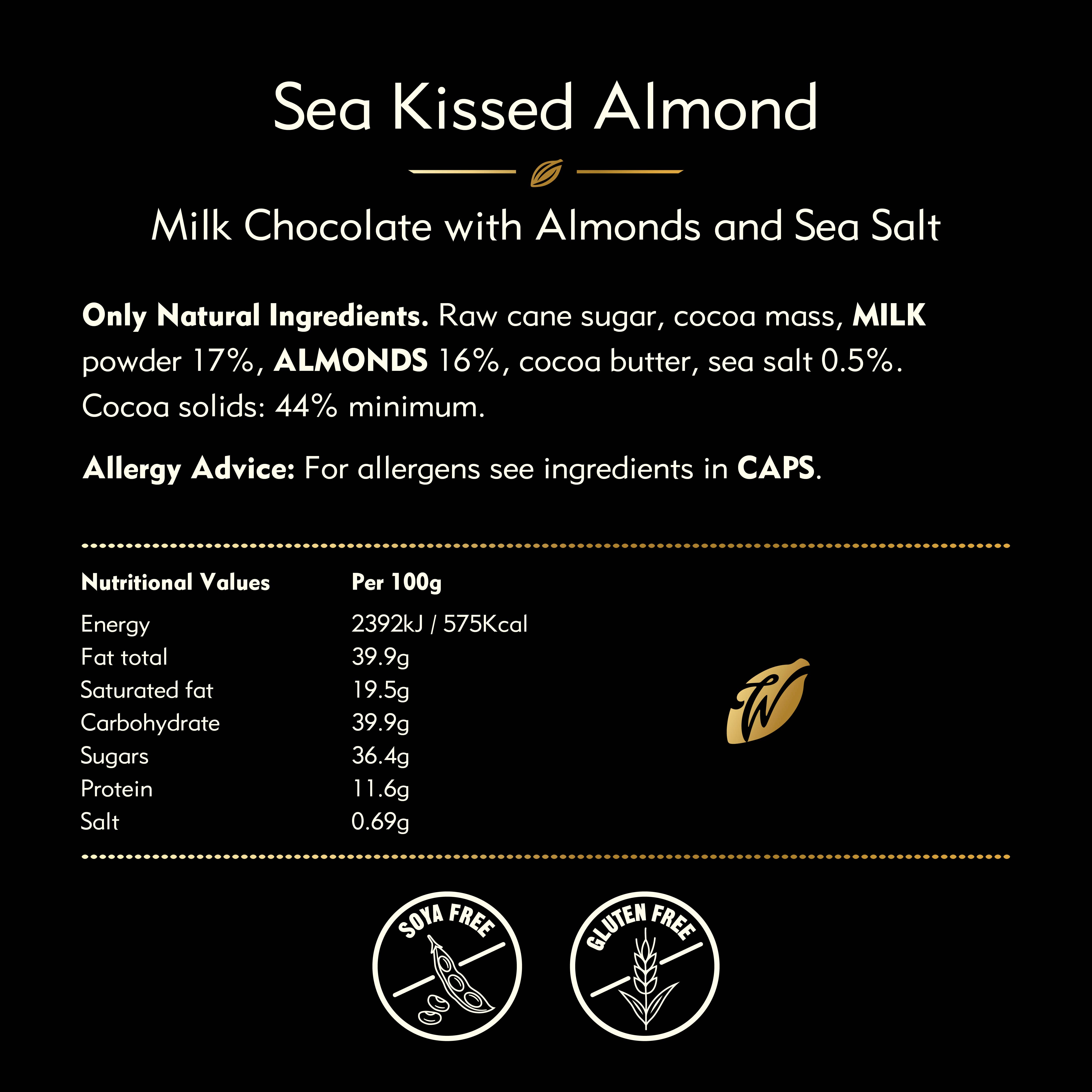 Willie's Cacao – wholesale Chocolate bar – Sea Kissed Almond. Milk chocolate w. almonds & sea salt 50g 4