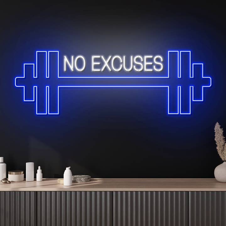 Panneau néon No Excuses, haltère, décoration de salle de sport pour la vente par Glow Neon