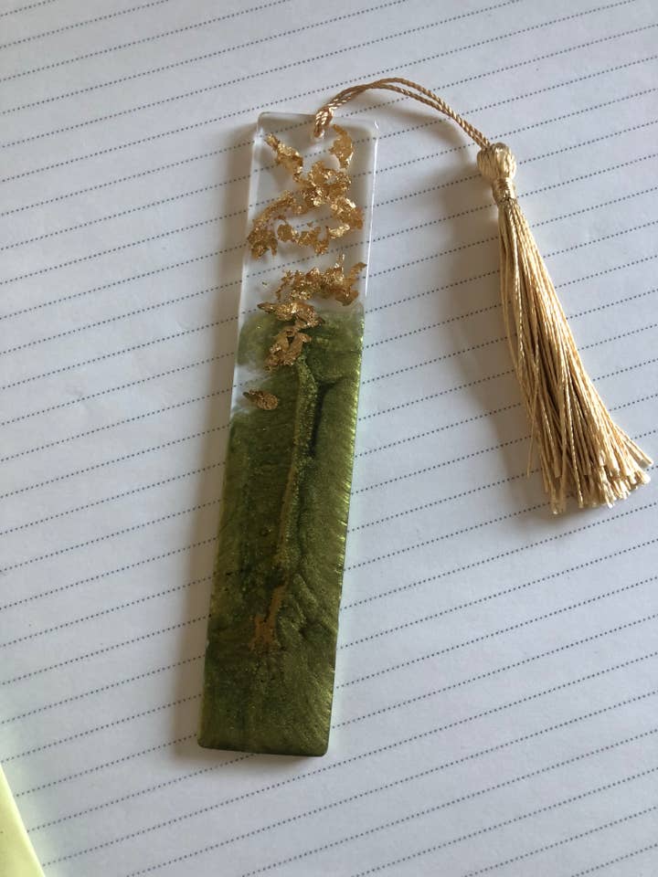 Olive Green & Gold Resin Bookmark for wholesale by Sweet Heat Studios