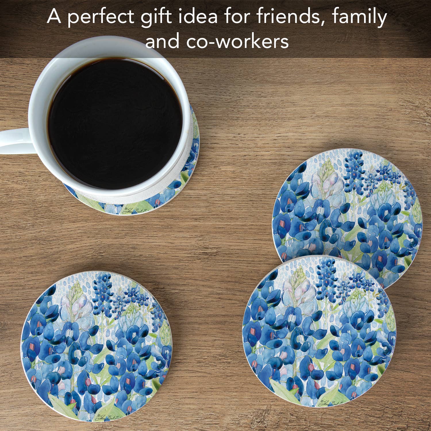 CounterArt/Highland Home/Thirstystone – wholesale Underlägg – ”Bluebonnet Field” 4pk rund naturlig sandstensunderlägg2