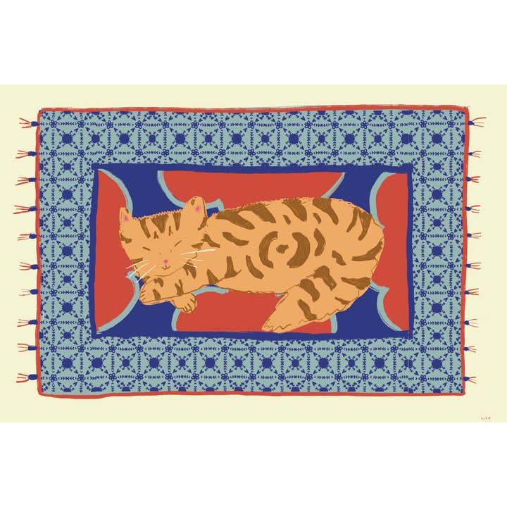Oranje kat op tapijt kunstdruk voor wholesale door Desert Bunni
