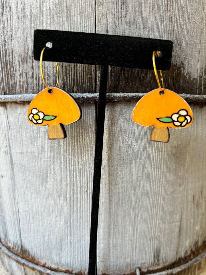 Mushroom Wood Hoop Earrings Boho for wholesale by Wood’N Sass