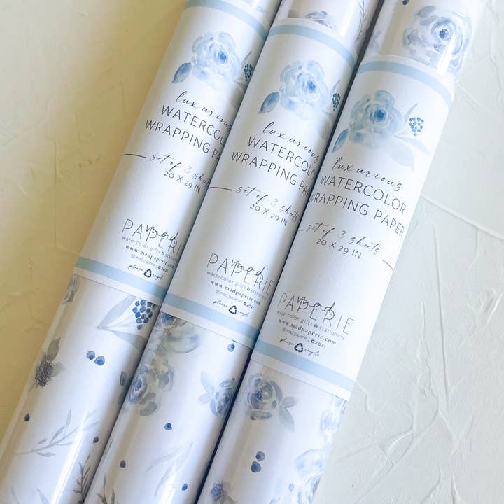 mad paperie - Wholesale Flat Wrap - Elegant Blue Florals- Luxurious Watercolor Gift Wrap4