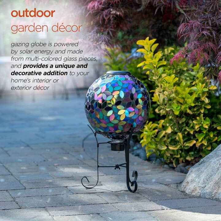 Alpine Corporation - Wholesale Outdoor Ornament/Decor - Alpine Solar Mosaic Leaves Purple Gazing Globe with Stand