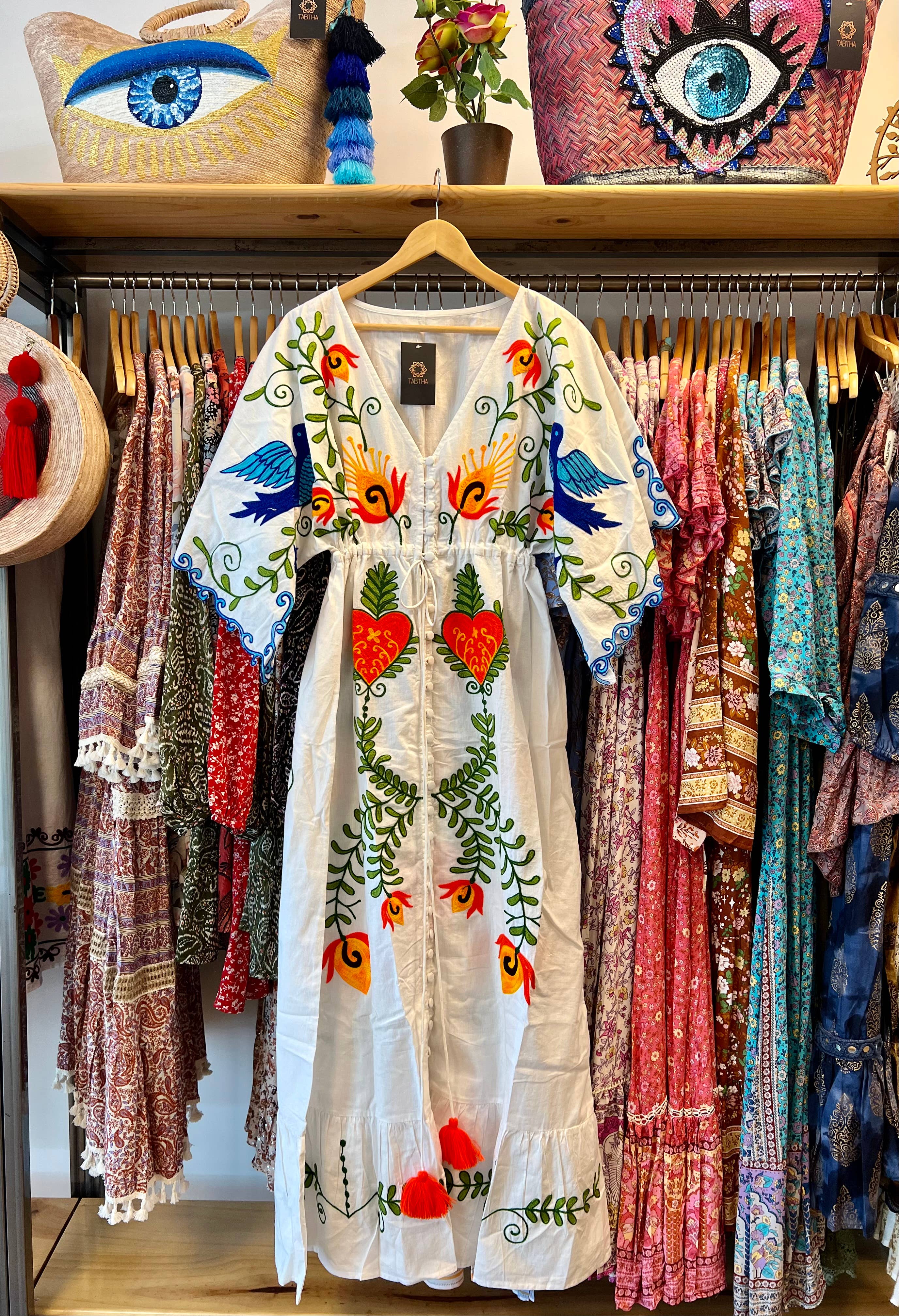 TABITHA - Vente Robe – femme - Robe cœur style bohème en coton avec broderie mexicaine8