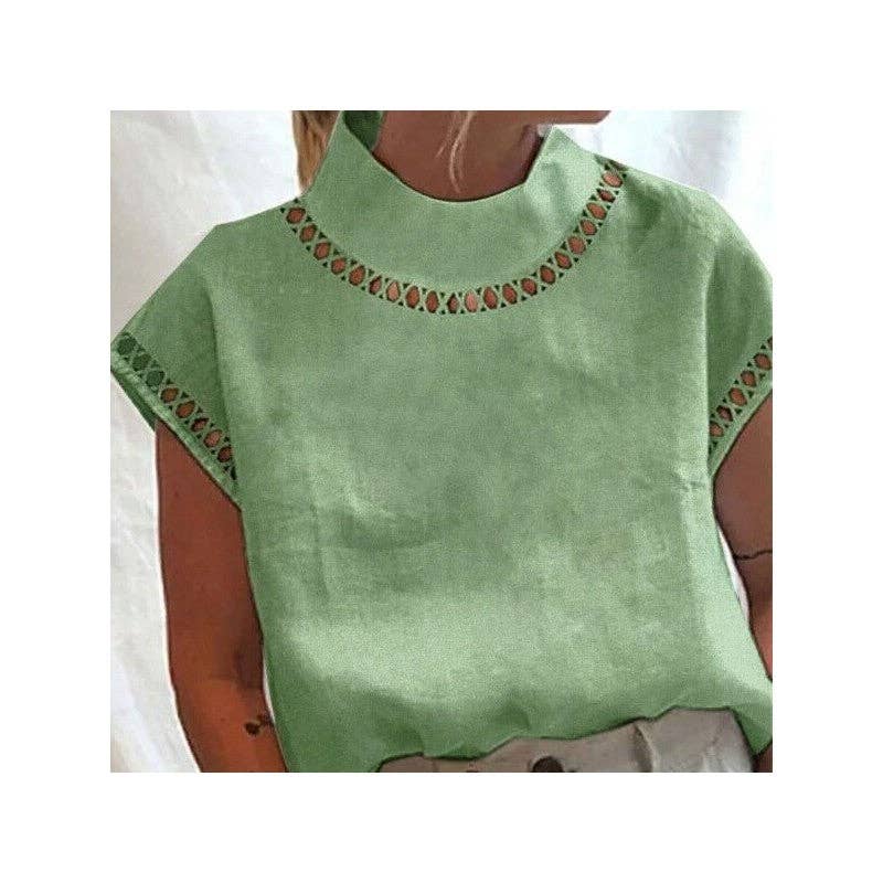 FurDecoration - Wholesale Blouse – Women’s - Solid Color Hollow-Out Casual High-Neck Breathable Shirt2