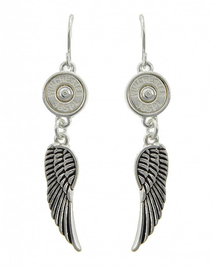 0011 PREMIERE - Wholesale Dangle Earrings - FR2241 Matte Gold Winchester Angel Wing Bullet Earrings1