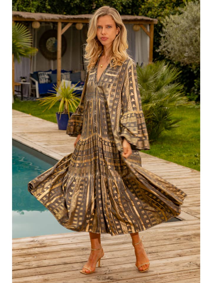 Grey Geometric Maxi Dress with Gilding Effect, Faded Style for wholesale on Faire3