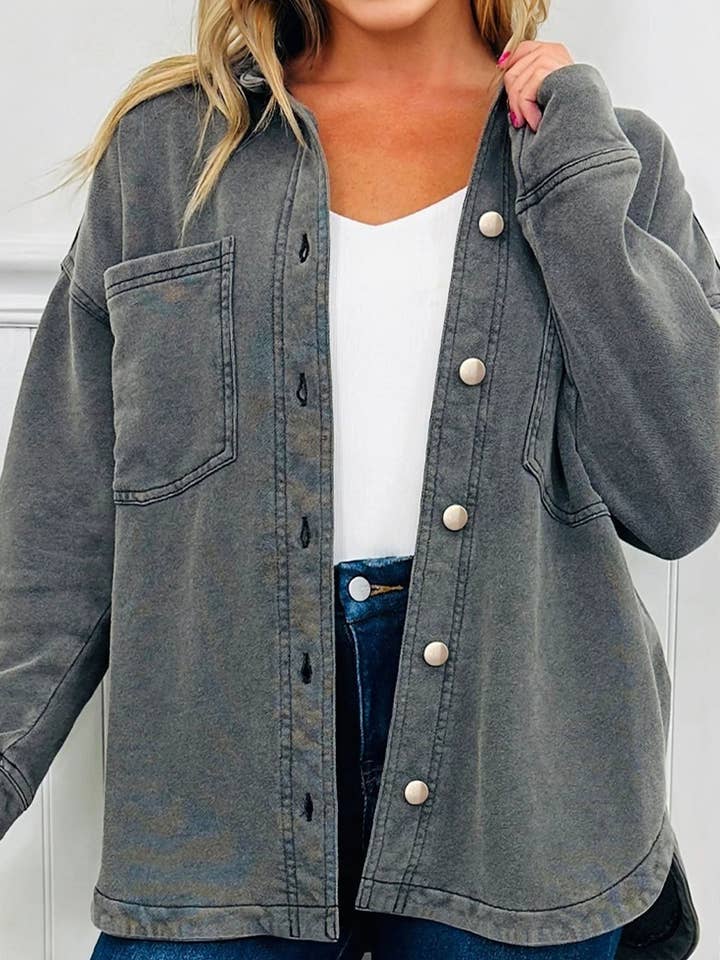 Medium Grey Mineral Wash Chest Pockets Drop Shoulder Shacket with Side Slit for wholesale by Secret Style Source