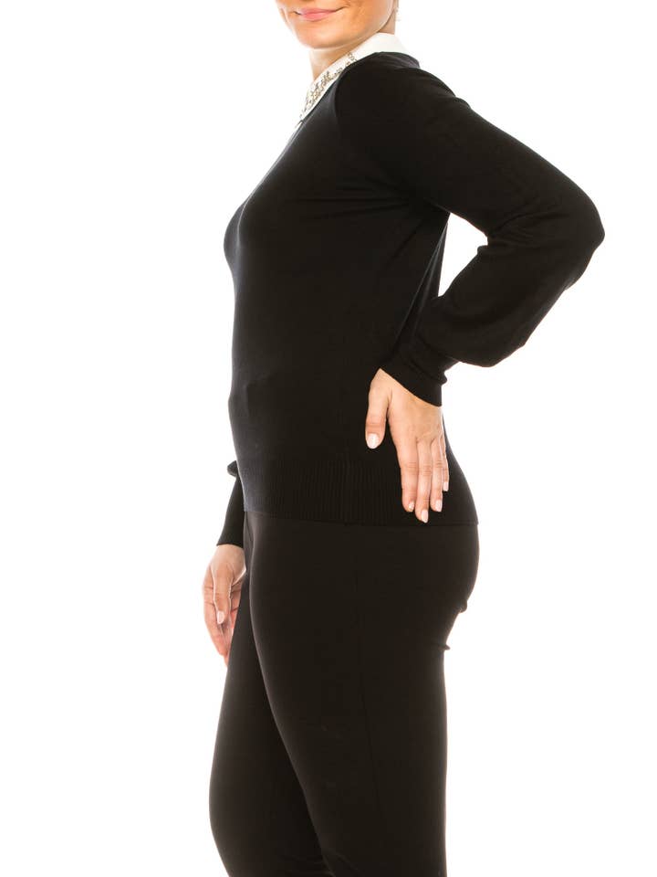 BLACK EGGSHELL Sioni Jeweled Collar Long Sleeve Sweater Top for wholesale on Faire2
