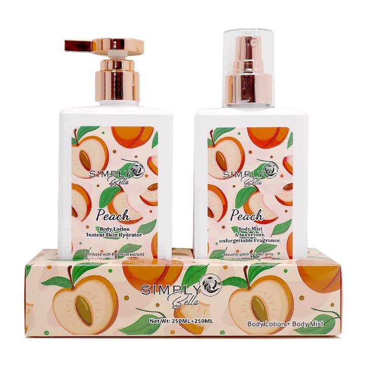 PINEAPPLE Beauty – Großhandel Bade- & Körperpflege-Set – Simply Bella SLBM002 Pfirsich Körperlotion- und Körperspray-Set – 4er Pack
