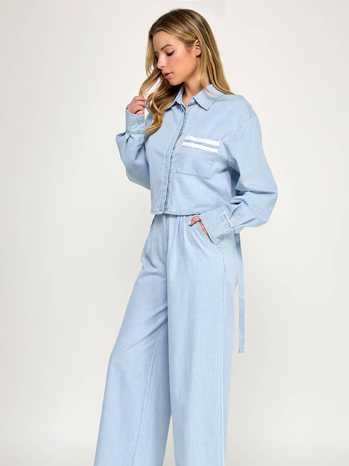 CHEMISE EN JEAN À MANCHES LONGUES ET PANTALON CONTRASTANT ENSEMBLE-HQSET0132 pour la vente par Hersy