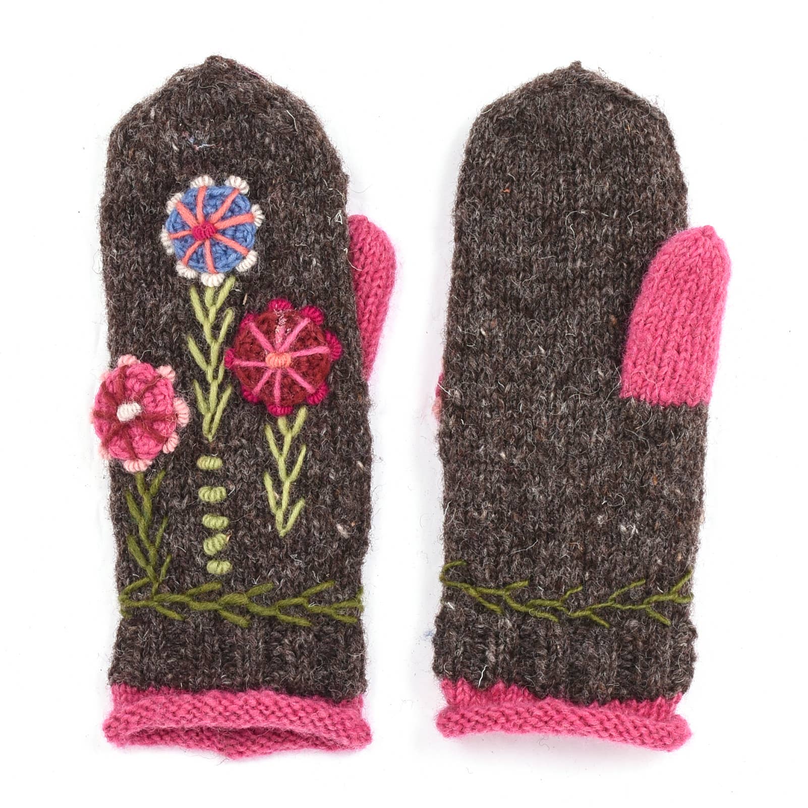 Lost Horizons Knitwear – Ships from USA - Wholesale Mittens - Women's - Maya Mittens – Hand-Knit Wool with 3D Floral Embroidery0