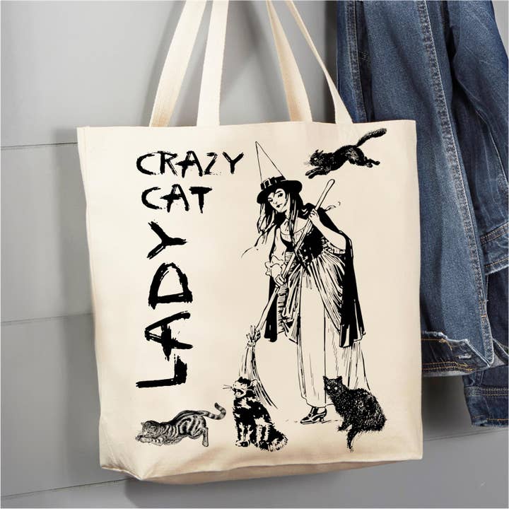 Crazy katt dam häxa Halloween 12 oz Canvas Tote väska för wholesale av Avery Lane Gifts