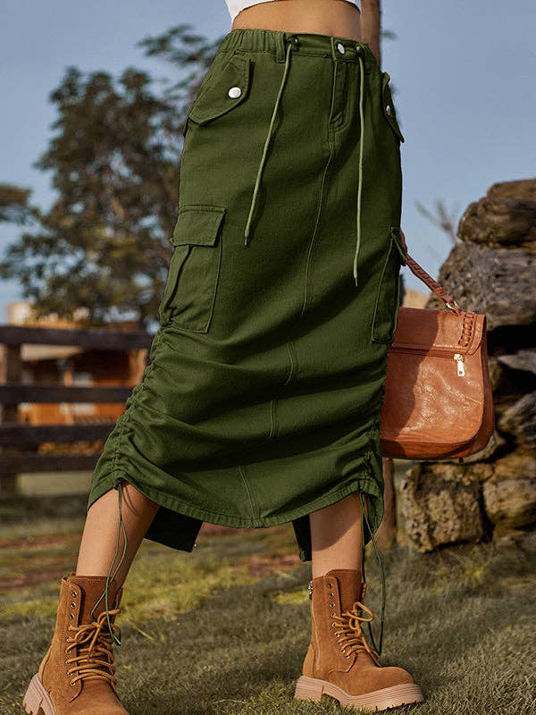 Sheer Trend - Wholesale Skirt - Women's - A-Line Loose Drawstring Elasticity Pockets Solid Color Split-Back Skirts Bottoms4