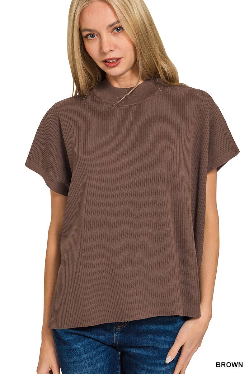 Vanilla Monkey - Wholesale Knit Sweater - Women's - Viscose Mock Neck Short Sleeve Boxy Sweater1