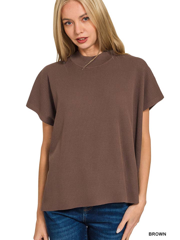 Vanilla Monkey - Wholesale Knit Sweater - Women's - Viscose Mock Neck Short Sleeve Boxy Sweater1