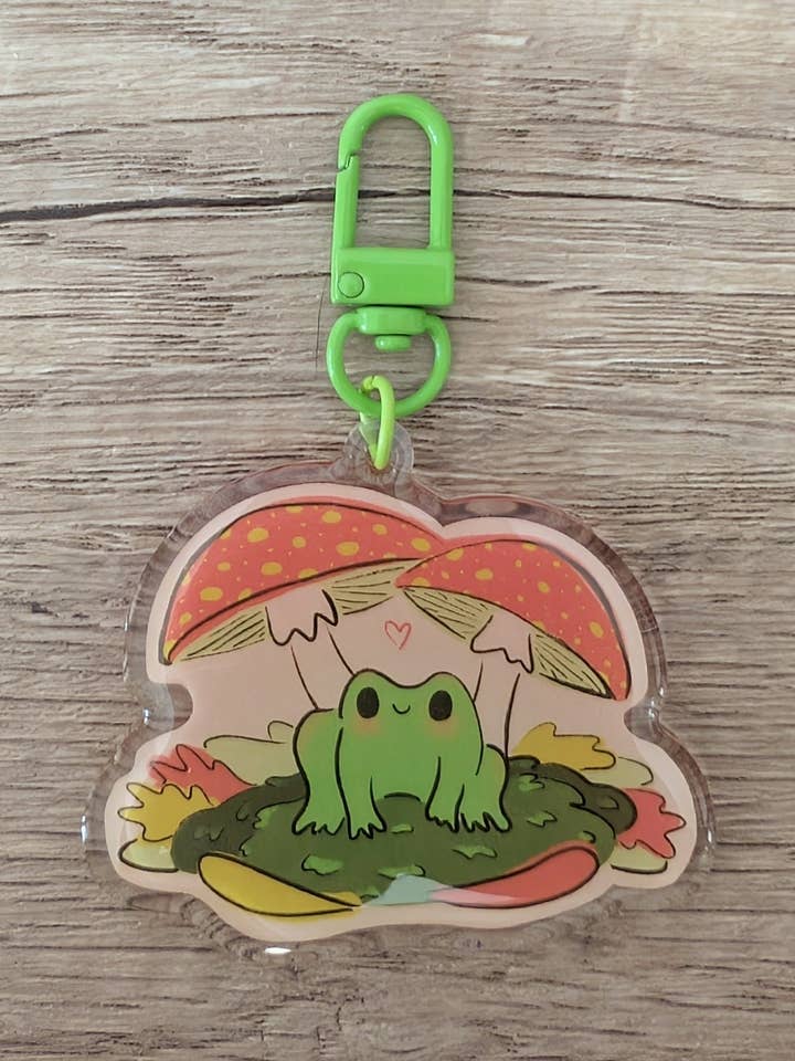 Porte-clés en acrylique époxy Frog With Mushrooms - Jolie breloque pour la vente par Sadsquatch