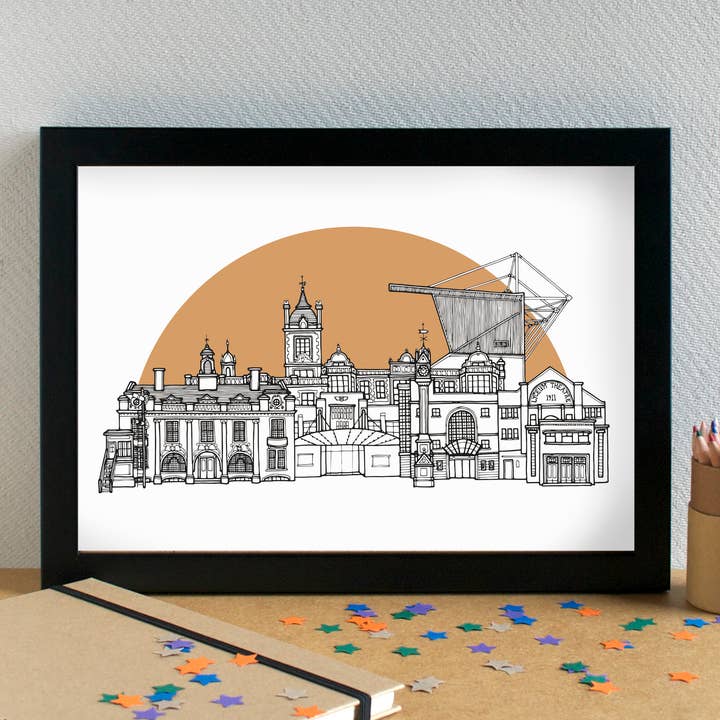 Crewe Skyline Landmarks Art Print - unframed for wholesale by Becka Griffin Illustration