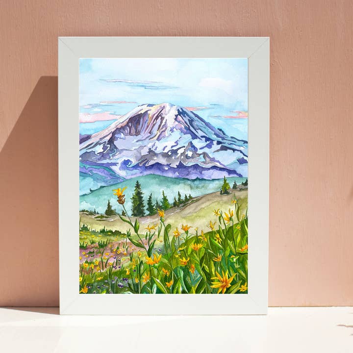 Wild Life Design Co. - Venta al por mayor Ilustración - monte. Lámina de acuarela Rainier | Arte de pared de las montañas de Washington1